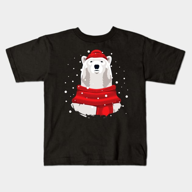 Polar bear in red hat and scarf Kids T-Shirt by lents